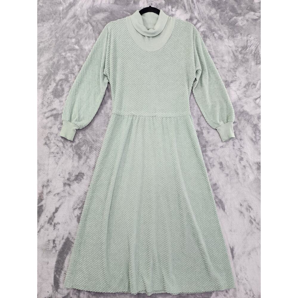 Vintage 70s‎ Vicky Vaughn Terrycloth Knit Turtleneck Maxi Dress Size M Green